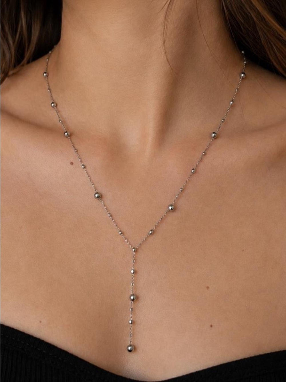 Silver Beaded Y-Drop Lariat Necklace ✨